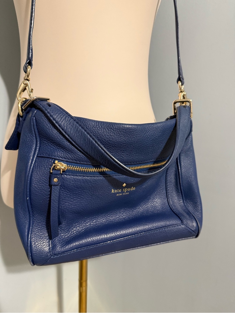 Vintage Kate Spade Navy Blue Pebbled Leather Shoulder Bag with Gold Hardware